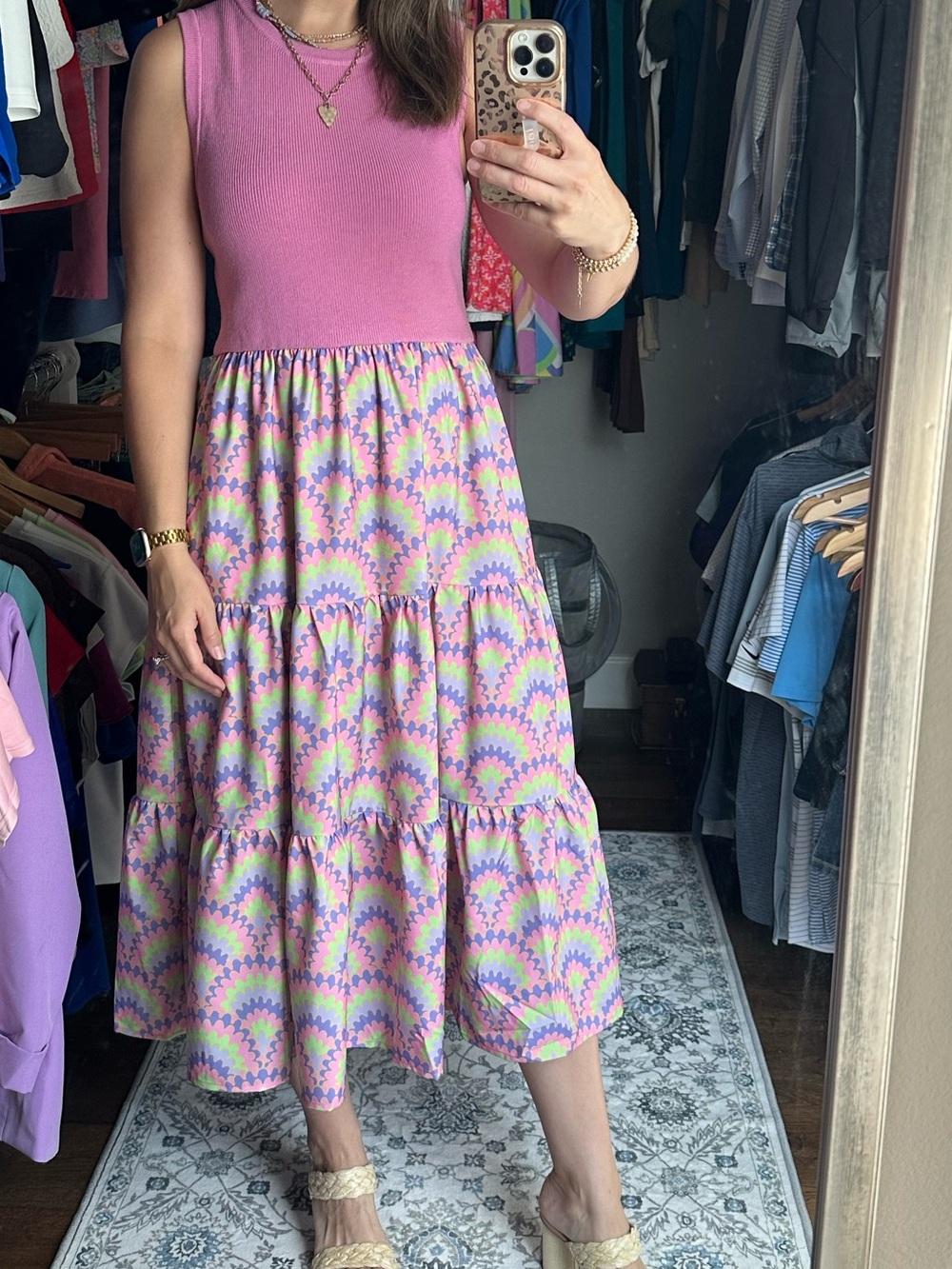 Sleeveless Pink & Pastel Floral Tiered Midi Dress